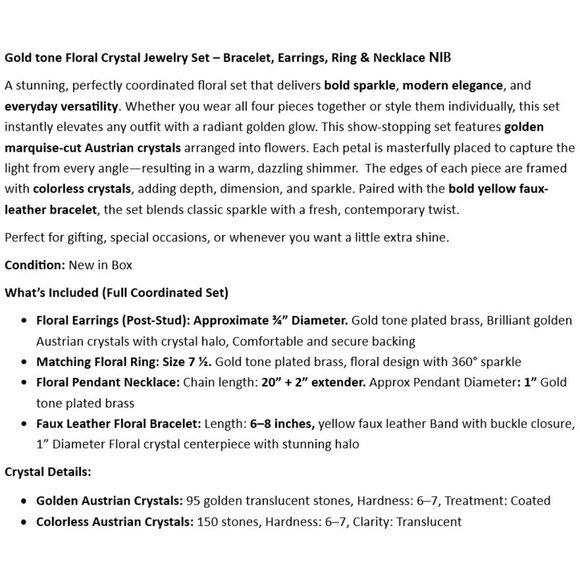 Gold tone Floral Crystal Jewelry Set – Bracelet, Earrings, Ring & Necklace NIB - Picture 2 of 5